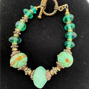 Bohemian Green Glass‎ Bead Bracelet Toggle Clasp Womens Jewelry